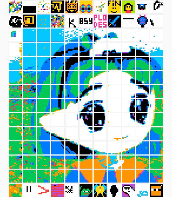 A pixelated 11x11 grid featuring a large stylized character with oversized blue eyes and white hair (resembling the "milady" meme aesthetic), surrounded by a decorative border of smaller pixel-art icons including flowers, faces, and symbols, with partially visible text reading "PLO" and "DES" near the top. The image directly illustrates the post's description of an 11x11 milady artwork preserved as onchain pixel art.