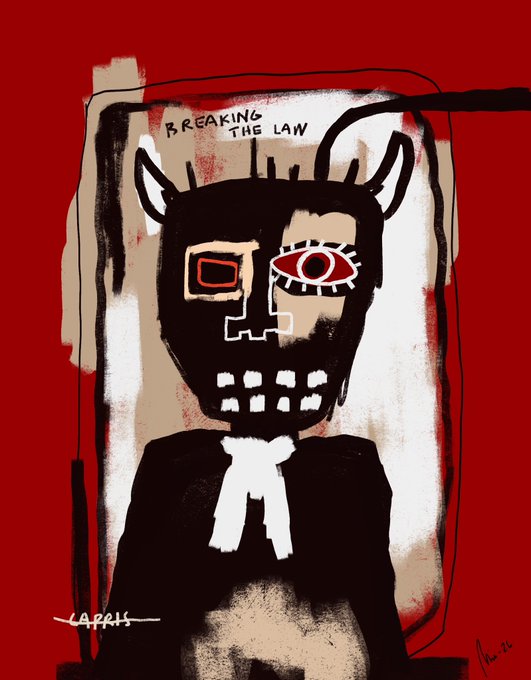 A neo-expressionist painting in the style of Jean-Michel Basquiat featuring a black skeletal figure on a red background with the text 'BREAKING THE LAW' and the word 'APRIL' in the corner.