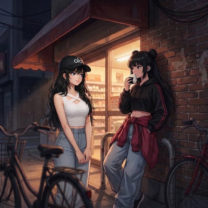 An anime-style illustration of two young women chatting outside a brick storefront at night.