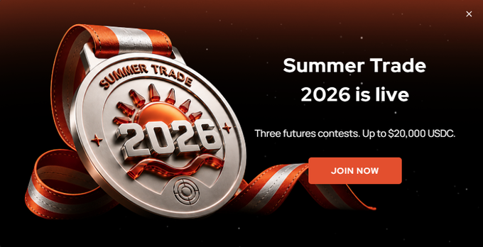 The image is a promotional banner for "Summer Trade 2026," advertising three futures contests with up to $20,000 USDC in prizes and a "JOIN NOW" button, featuring a large silver medal emblem with "SUMMER TRADE 2026" text on a dark background with a red-orange ribbon.

Note: The accompanying post about "KangaGlobal TaskON" quests with 4000 USDT rewards does not appear to be directly related to this image's content.