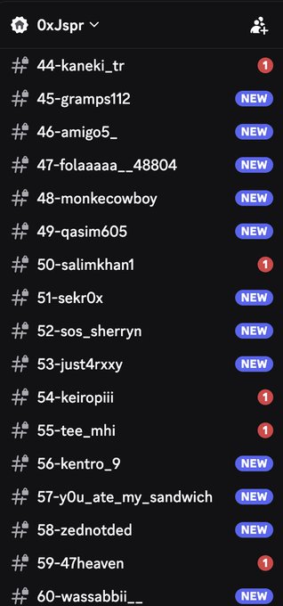 A Discord channel list for 'OxJspr' showing channels numbered 44-60, including 'kaneki_tr', 'gramps112', 'amigo5_', 'folaaaaa__48804', and others, with several marked as NEW or having notifications.