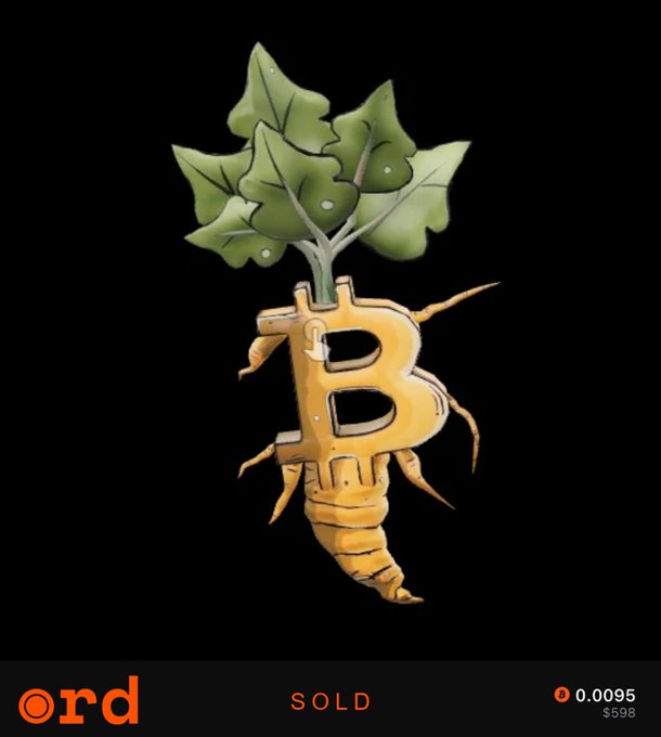 An illustration shows a golden root vegetable shaped like the Bitcoin 'B' logo with green leafy tops against a black background, labeled 'SOLD' with prices of '0.0095' and '$598' on the 'ord' marketplace.