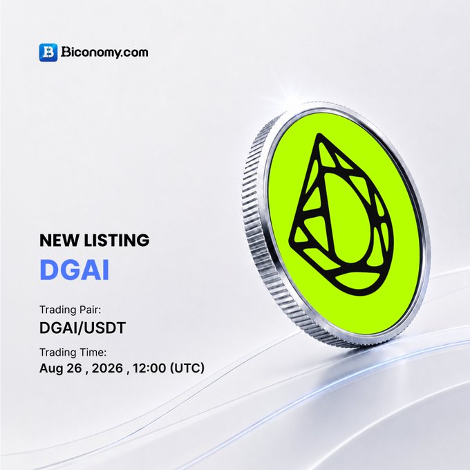 A promotional graphic from Biconomy.com announcing a new listing for 'DGAI' with the trading pair DGAI/USDT, scheduled to go live on Aug 26, 2026, at 12:00 UTC.