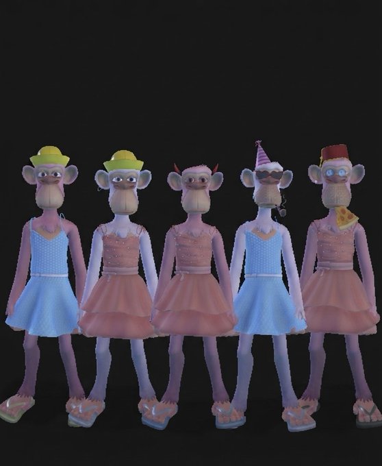 Five 3D-rendered monkey-like characters wearing tutus and small hats against a black background.
