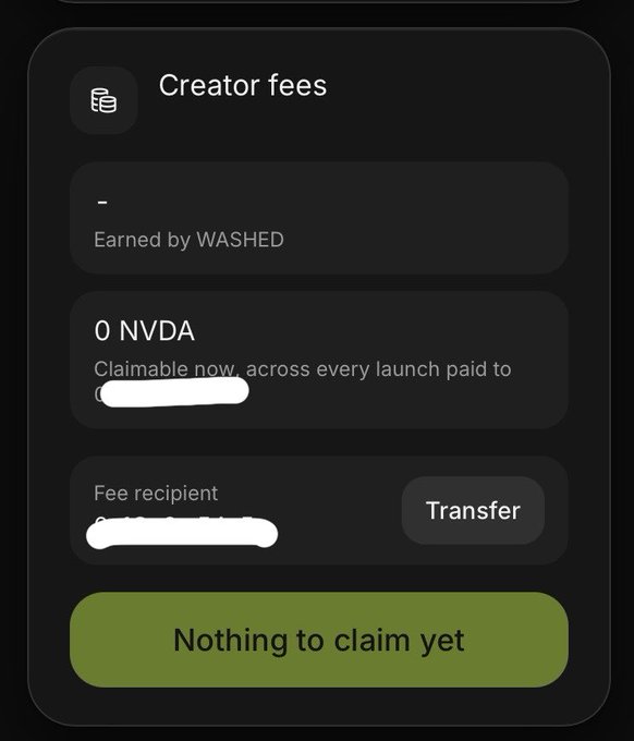 A mobile app screen showing 'Creator fees' earned by 'WASHED' with '0 NVDA' claimable and a 'Nothing to claim yet' message.