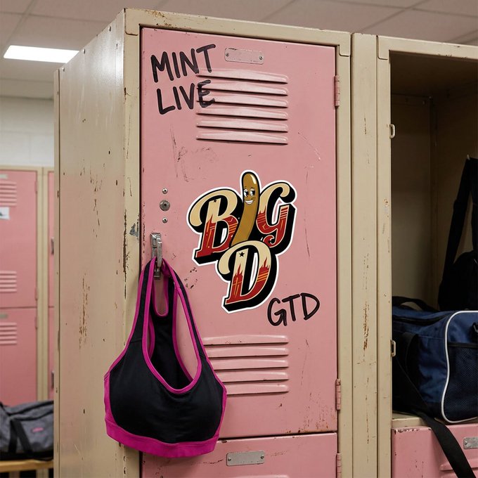 A pink school locker decorated with “MINT LIVE,” a large “BIG D” sticker, and “GTD,” with a black-and-pink bag hanging from the handle. It visually promotes the newly opened GTD mint and the post’s promise to airdrop $BIGD to minters, with future rewards planned for top holders.