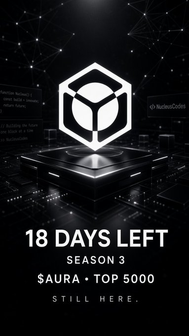 A promotional graphic for 'NucleusCodes' displays a 3D cube logo and text reading '18 DAYS LEFT SEASON 3 $AURA • TOP 5000 STILL HERE.'