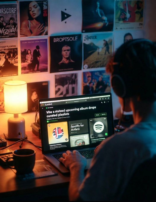 A person with headphones sits at a desk using a laptop in a dimly lit room with a warm lamp, browsing what appears to be a music streaming site with a wall of posters behind them.