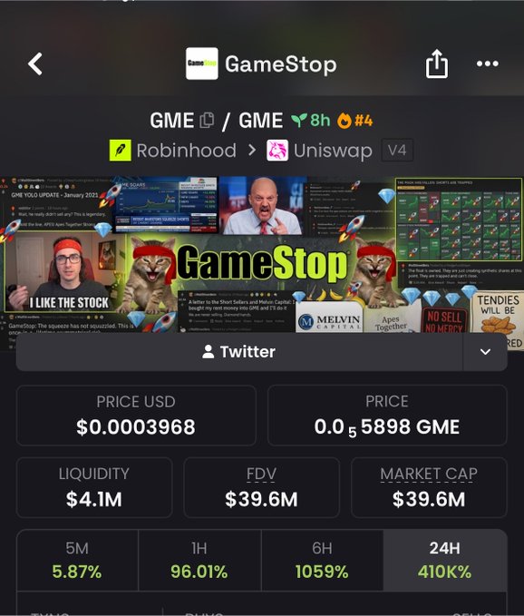A crypto trading app screenshot showing GME token (GameStop on Robinhood/Uniswap) priced at $0.0003968 with a market cap of $39.6M and significant gains across 5M (5.87%), 1H (96.01%), 6H (1059%), and 24H (410K%).