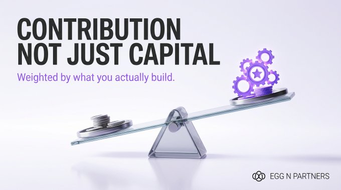 A 3D seesaw illustration shows a few stacked coins on the left side outweighing a stack of purple gears on the right, visually representing that effort and contribution outweigh mere capital. The text reads "CONTRIBUTION NOT JUST CAPITAL — Weighted by what you actually build," with the "EGG N PARTNERS" logo in the bottom right, reinforcing the post's message that voting power should be tied to meaningful contributions like infrastructure, IP policy, and moderation rather than just financial investment.