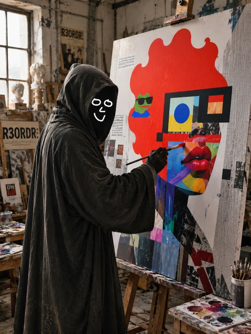 A hooded figure wearing a black mask with glowing white smiley-face eyes paints a colorful pop-art style canvas in a studio marked with 'R3ORDR' signage.