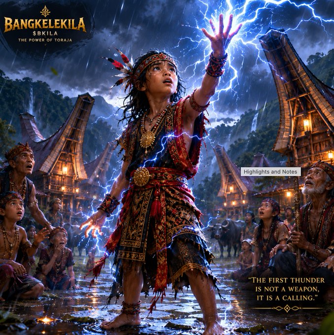 A young girl in traditional Torajan attire raises her hand to summon a powerful bolt of blue lightning above a village of tongkonan houses, with the "BANGKELEKILA" ($BKILA) logo and the tagline "THE POWER OF TORAJA" displayed alongside the quote "THE FIRST THUNDER IS NOT A WEAPON, IT IS A CALLING." The dramatic scene serves as a striking visual for the BKILA community on pump.fun, evoking the brand's theme of ancestral power and heritage.