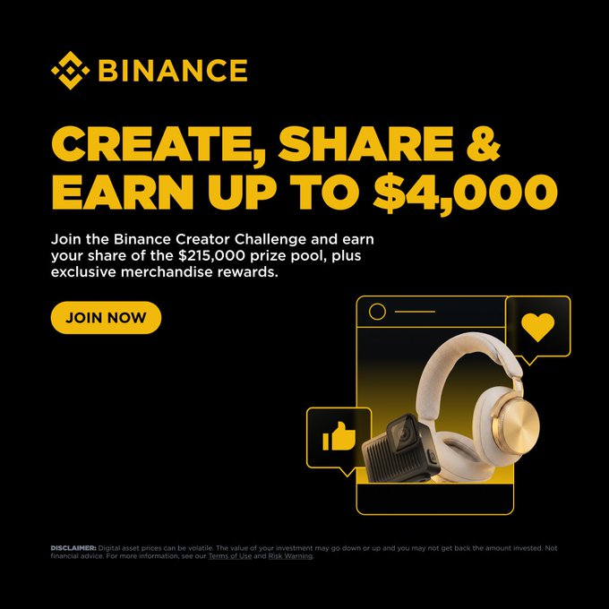 Binance promotes its Creator Challenge with a $215,000 prize pool, offering up to $4,000 per winner alongside exclusive merchandise like headphones, as advertised with a "Join Now" call-to-action on the yellow and black promotional graphic.
