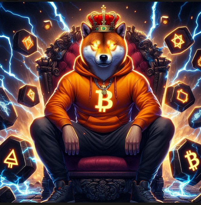 A digital illustration of an anthropomorphic Shiba Inu dog wearing an orange hoodie with a glowing Bitcoin 'B' symbol, sitting on an ornate red throne wearing a gold crown, surrounded by floating cryptocurrency coins and lightning.