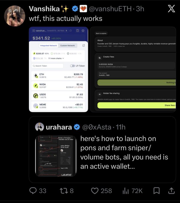 A tweet from @vanshuETH showcases a $341.52 wallet balance across tokens like ETH ($200.79), NVDA, USDG, and MEME, captioned "wtf, this actually works," alongside a quoted post by @0xAsta explaining how to launch on PONS and farm sniper/volume bots, promoting the $AITAX meme coin guide.