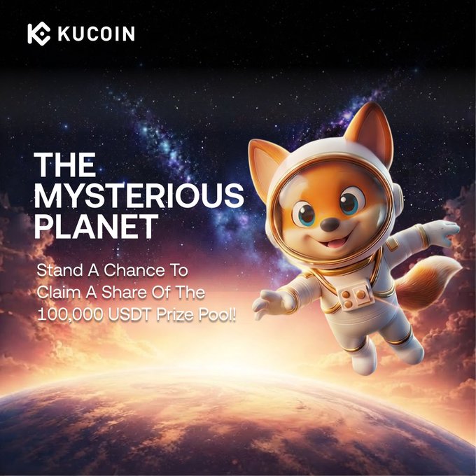 A KuCoin promotional graphic titled "THE MYSTERIOUS PLANET" features an animated Shiba Inu dog in an astronaut suit floating above a planet against a starry space backdrop, advertising a chance to claim a share of a 100,000 USDT prize pool. The image ties to the post by promoting the #KuKuUniverse campaign, where the astronaut Shiba mascot likely represents a new collectible badge or avatar.