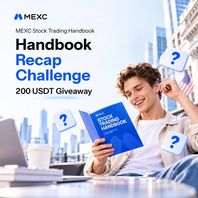 The promotional image for the "MEXC Stock Trading Handbook Recap Challenge" features a smiling young man reading the blue MEXC Stock Trading Handbook, surrounded by floating question mark icons, advertising a "200 USDT Giveaway" and connecting directly to the post's quiz challenge where 10 winners can earn 20 USDT each by correctly answering 4 questions.