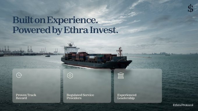 A financial services banner for Ethra Invest reading 'Built on Experience. Powered by Ethra Invest.' featuring a cargo ship, with highlighted sections for 'Proven Track Record', 'Regulated Service Providers', and 'Experienced Leadership'.