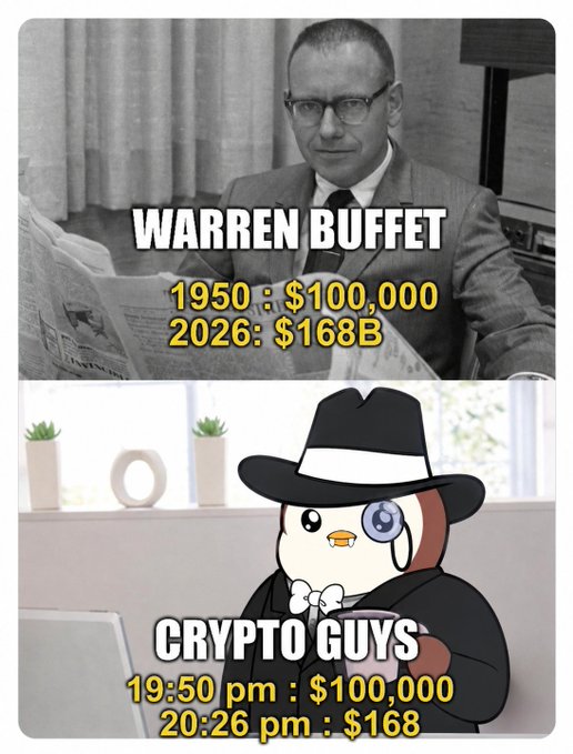 A meme contrasting Warren Buffett's decades-long wealth growth ($100K to $168B from 1950 to 2026) with a crypto investor ("Crypto Guys") who lost their investment in just 36 minutes (19:50 pm to 20:26 pm), satirizing the volatility of crypto trading versus traditional long-term investing as the post prompts viewers to choose a strategy.