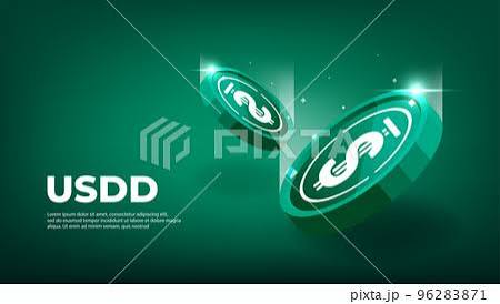 A green graphic displays 'USDD' text alongside a stylized dollar sign coin, indicating a digital currency.