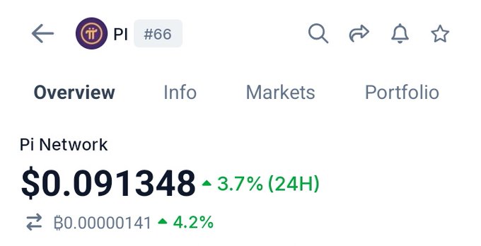 The image shows a cryptocurrency tracking app displaying Pi Network ($PI) ranked #66, currently trading at $0.091348 with a 3.7% gain over 24 hours, alongside its negligible Bitcoin value of ₿0.00000141 (up 4.2%). The low price shown reinforces the post's message encouraging investors to focus on Pi Network's long-term future potential rather than its current modest valuation.