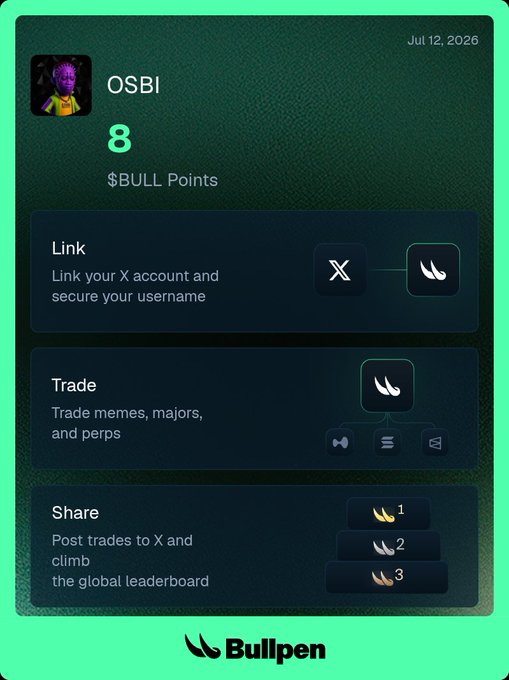A Bullpen app interface showing a user profile for 'OSBI' with 8 $BULL Points and sections to 'Link', 'Trade', and 'Share'.