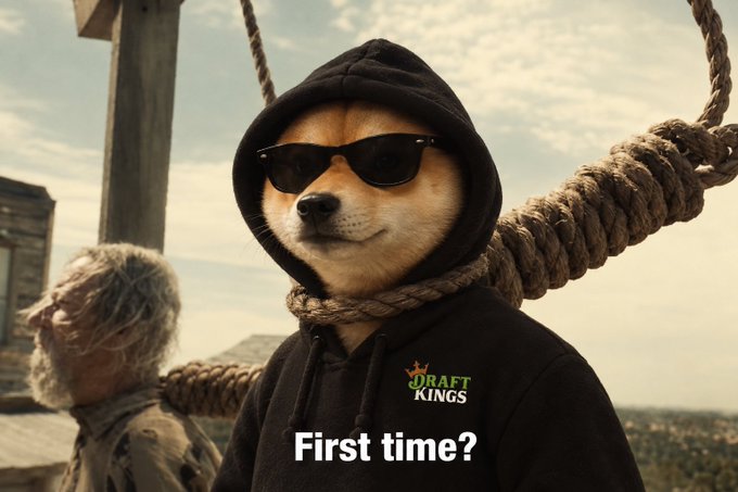 A dog wearing sunglasses and a black DraftKings hoodie stands confidently near a noose, with the caption "First time?" poking fun at newcomers unfamiliar with memecoin volatility and drawdowns. The image humorously contrasts the post's message about experienced crypto traders weathering BONK, WIF, and Popcat's wild price swings, mocking those who panic at their first major dip.