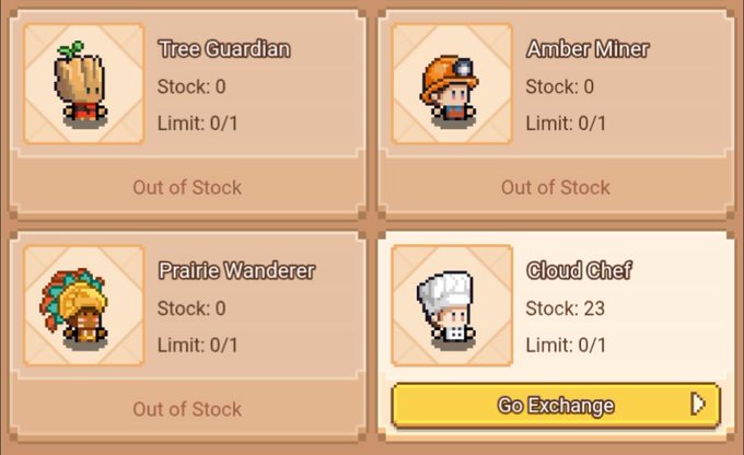 The image displays a digital shop interface showing four limited skins: "Tree Guardian," "Amber Miner," and "Prairie Wanderer" are all marked "Out of Stock" with 0 remaining, while "Cloud Chef" remains available with 23 units left and a "Go Exchange" button. This visually reinforces the post's message about scarcity and urgency, highlighting that early collectors should act quickly before the final available skin sells out.