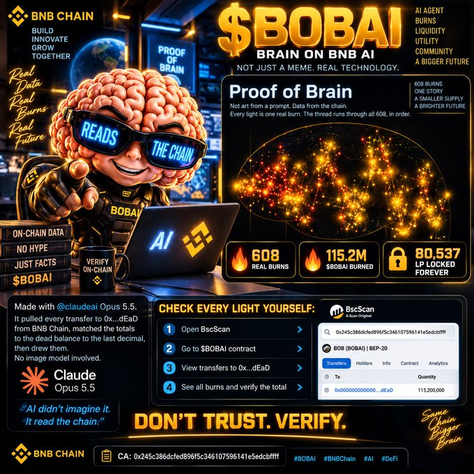 A promotional graphic for the '$BOBAI' token on BNB Chain features a cartoon brain character wearing 'READS THE CHAIN' glasses, displaying 'Proof of Brain' technology with metrics including '608 REAL BURNS', '115.2M $BOBAI BURNED', and '80,537 LP LOCKED FOREVER', with a contract address starting '0x245c386dcfed896f5c346107596141e5edcbfff' and the slogan 'DON'T TRUST. VERIFY.'