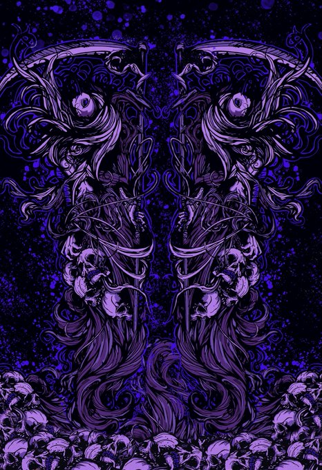 A symmetrical purple and black gothic-style illustration featuring intricate designs, skulls, and serpentine figures with blue paint splatter accents on a dark background.