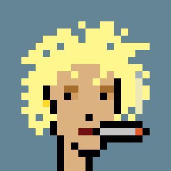A pixel art character with messy yellow hair and an orange face, smoking a cigarette against a solid blue background.