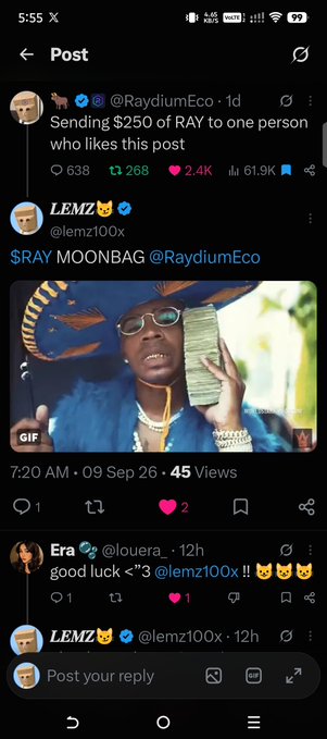 A mobile screenshot of a social media post from @RaydiumEco offering $250 of RAY to someone who likes it, with a reply from @lemz100x showing a GIF of a person holding money and the text '$RAY MOONBAG @RaydiumEco'.