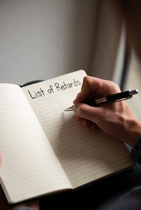 A hand writes in a lined notebook under the title "List of Retards," a tongue-in-cheek visual pun pairing with the post's call for "BIP-110" commenters to identify themselves.