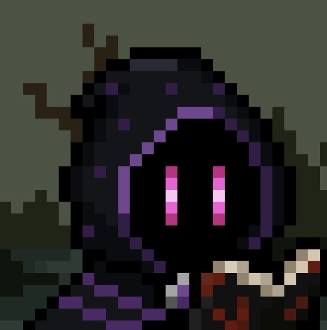 A pixel art character with a dark hooded cloak and glowing pink vertical eyes stands against a dark green background, appearing to hold a weapon.