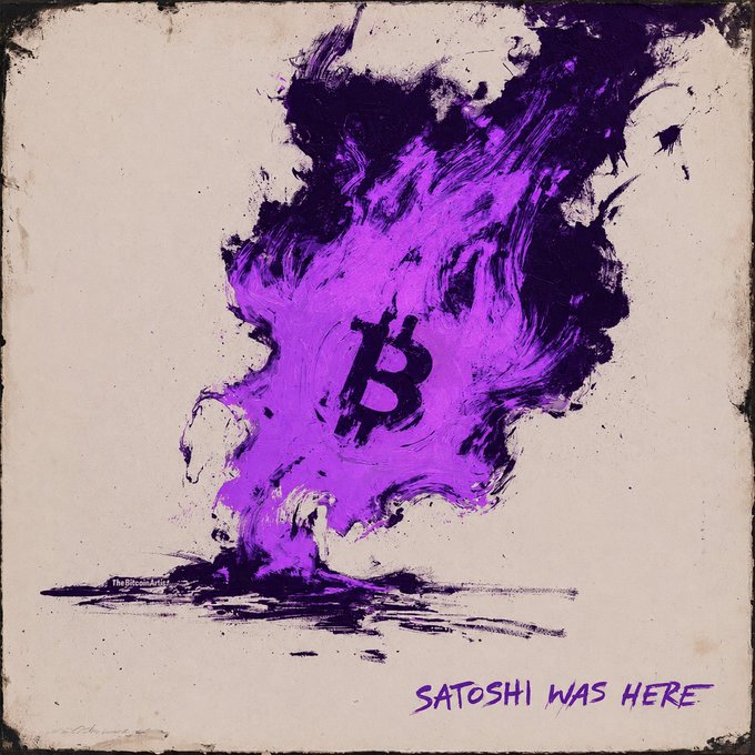 An artistic painting featuring a purple and black smoky explosion with a Bitcoin 'B' symbol in the center, with handwritten text at the bottom reading 'SATOSHI WAS HERE.'