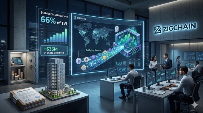 The image depicts a high-tech office space labeled "ZIGCHAIN" where analysts work at computer stations monitoring a large screen displaying "Stablecoin Allocation: 66% of TVL" and "+$33M in USDC deployed," alongside graphics of bridging assets and a world map, visually reinforcing the post's claim that ZIGChain has reached $50M TVL with two-thirds allocated to stablecoins, primarily through USDC yield products.