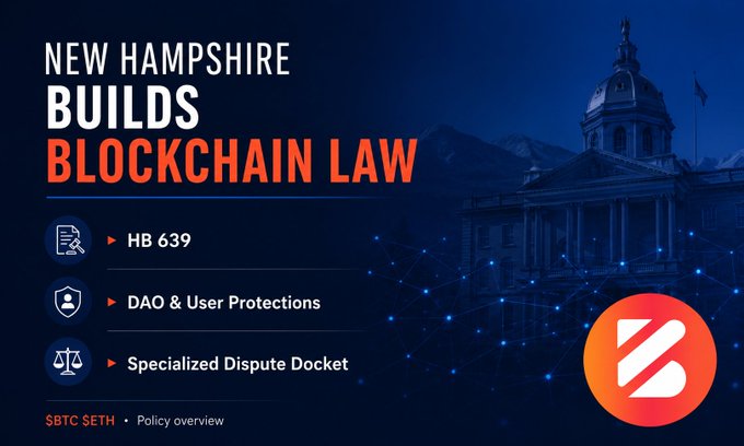 A graphic titled 'NEW HAMPSHIRE BUILDS BLOCKCHAIN LAW' lists 'HB 639', 'DAO & User Protections', and 'Specialized Dispute Docket' alongside a Bitcoin logo and the New Hampshire State House.