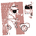 A stylized, low-resolution pink and white digital drawing featuring two eyes and abstract shapes resembling a fragmented face or character.