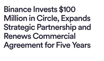 The image displays a headline announcing that Binance is investing $100 million in Circle and renewing their commercial partnership for five years. The announcement relates to the post by suggesting potential positive momentum ("more monies") and stimulation ("stimmy") for Circle's parent company Arc, implying bullish sentiment for crypto-related stocks following the partnership expansion.