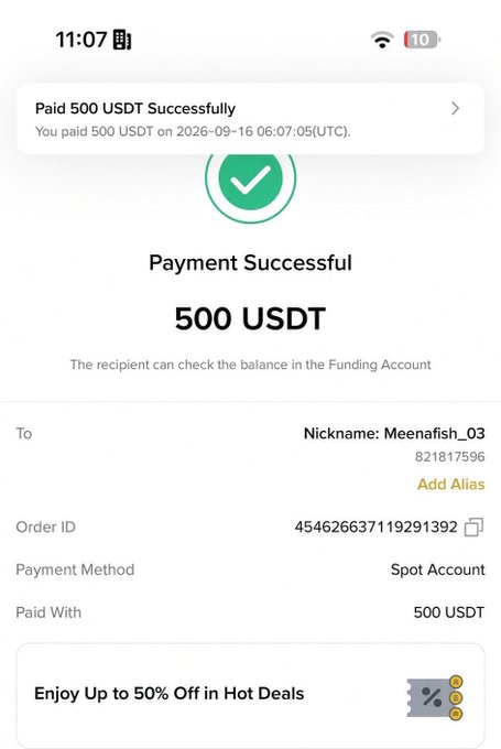A mobile app payment confirmation screen showing a successful transaction of 500 USDT sent to Nickname Meenafish_03 (821817596) on 2026-09-16, paid via Spot Account.