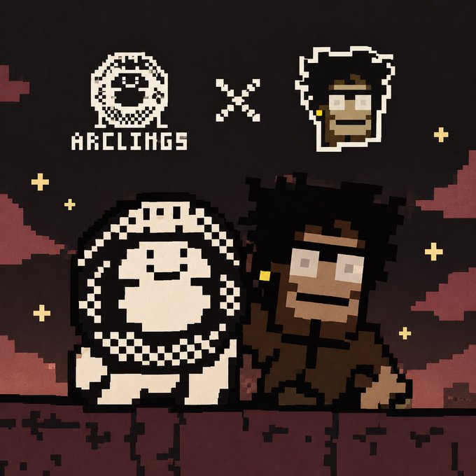 A pixel art collaboration image showing the ARCLINGS hooded character next to a character with dark hair and glasses, with both their logo icons displayed at the top connected by an "X".