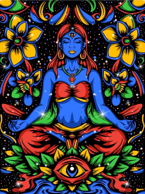 A vibrant, symmetrical illustration depicts a blue-skinned woman in a meditative lotus pose with red hair and clothing, surrounded by colorful flowers and an all-seeing eye at the bottom.