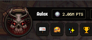 A user profile interface shows the username 'Aulox' with 2.06M points, featuring a dark horned skull avatar and achievement icons including a chat bubble, badge, sparkles, and trophy.
