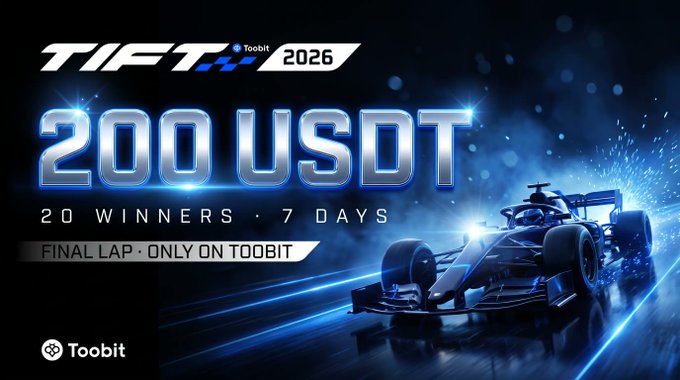 A promotional graphic for a 'TIFT 2026' event on Toobit, advertising '200 USDT' prizes for '20 WINNERS' over '7 DAYS' in a 'FINAL LAP' competition, featuring a racing car.