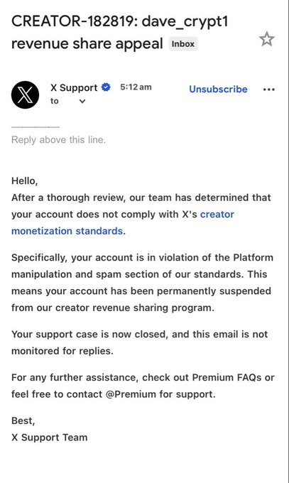 An X (Twitter) Support email to 'dave_crypt1' notifying them that their account has been permanently suspended from the creator revenue sharing program for violating the platform manipulation and spam section.