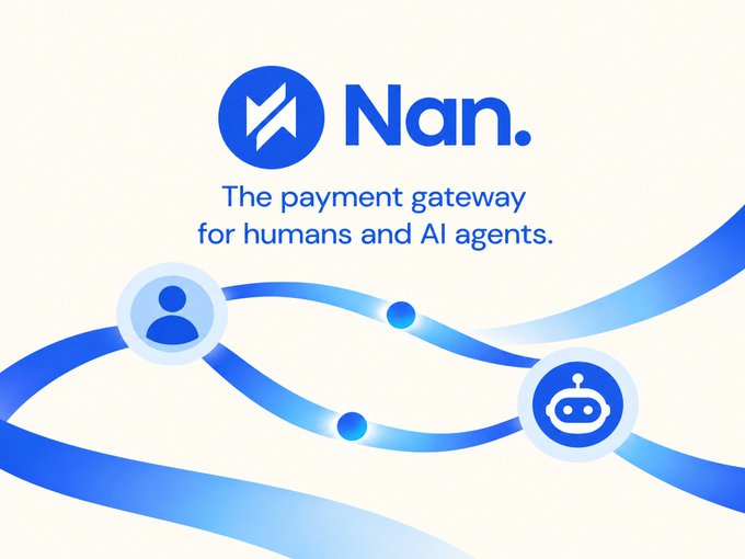 The image shows a promotional graphic for "Nan," branded as "The payment gateway for humans and AI agents," featuring flowing blue ribbons connecting a human user icon and a robot (AI agent) icon. The graphic visually reinforces the post's announcement of Nan launching on Arc mainnet, illustrating the platform's mission to bridge traditional users with AI-driven payments, starting with stablecoin accessibility for Nigerian small businesses.