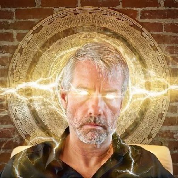 The image shows a man with glowing eyes emitting golden lightning bolts, set against an ornate circular mystical mandala on a brick wall background, depicting a powerful, supernatural figure. The accompanying post announces that Strategy (formerly MicroStrategy) purchased 1,637 Bitcoin ($BTC) while simultaneously selling $81 million worth of shares, symbolizing the company's bold and electrifying commitment to accumulating Bitcoin through equity financing.