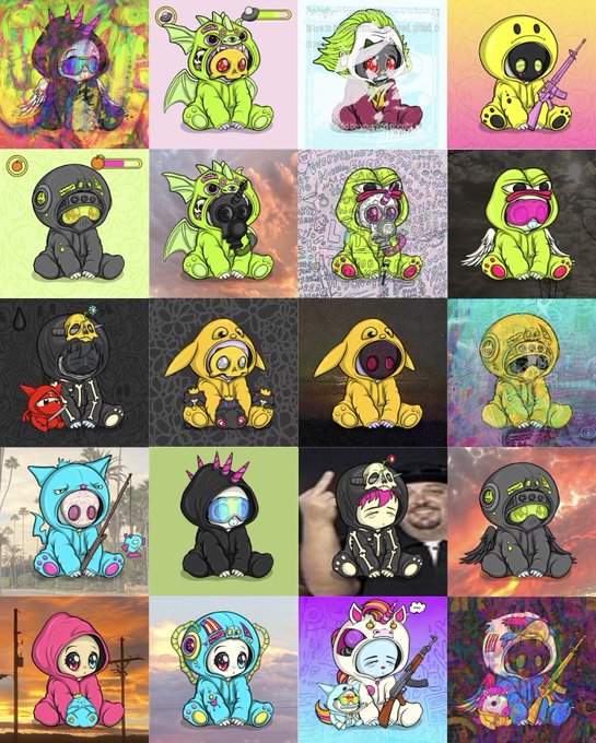 A grid of 20 cartoonish character illustrations featuring various creatures in hooded outfits, some holding weapons, in a vibrant, edgy art style.