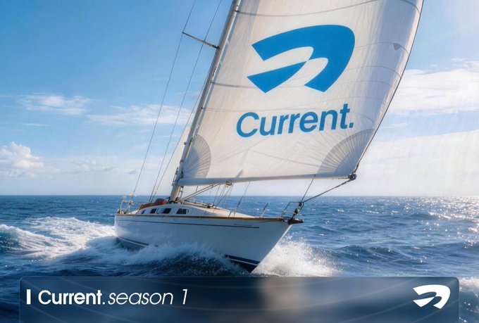 A sailboat cuts through open ocean waters, its prominent white sail displaying a blue logo and the word "Current." in large text. The bottom banner reads "| Current. season 1" alongside the Current logo, visually tying the image to the financial post about $CRT as a metaphor for forward momentum and progress.