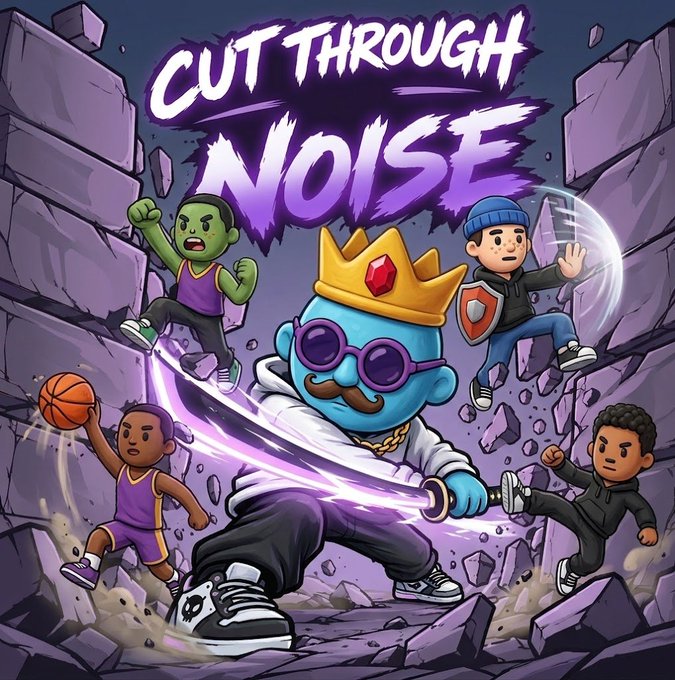 A vibrant cartoon-style graphic reading 'CUT THROUGH NOISE' featuring a crowned blue character with sunglasses wielding a glowing sword, surrounded by four other characters in action poses against a rocky background.